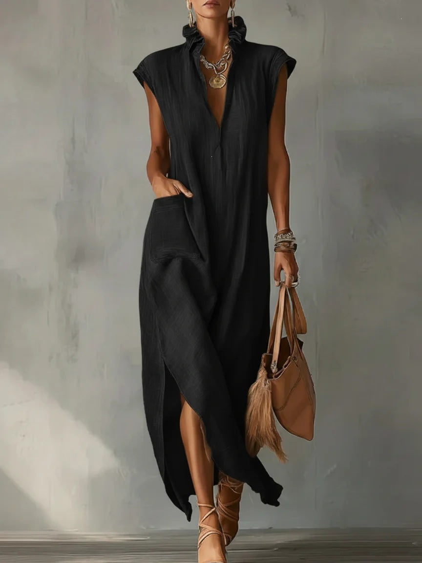 Sleeveless solid color loose V-neck casual women's dress