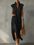 Sleeveless solid color loose V-neck casual women's dress