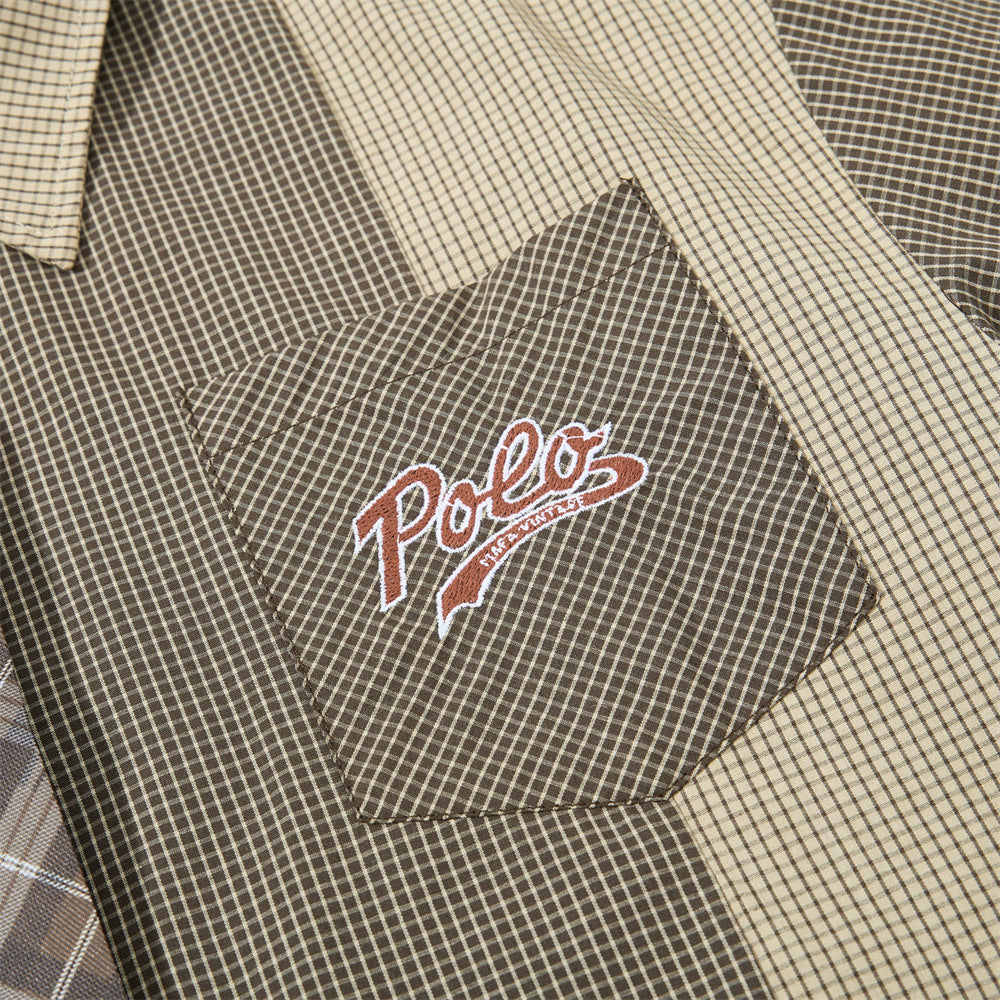 Color blocking splicing small grid short sleeved shirt