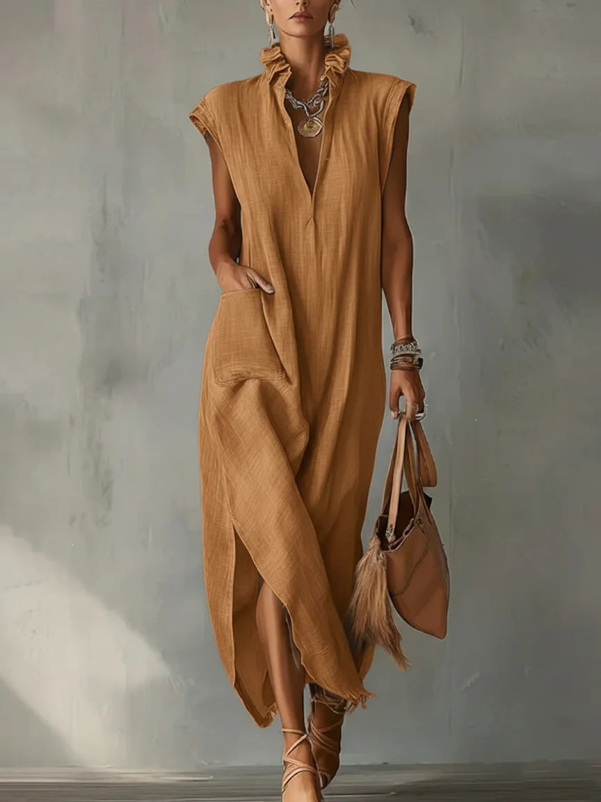 Sleeveless solid color loose V-neck casual women's dress