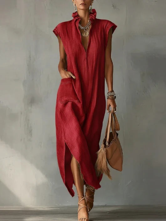 Sleeveless solid color loose V-neck casual women's dress