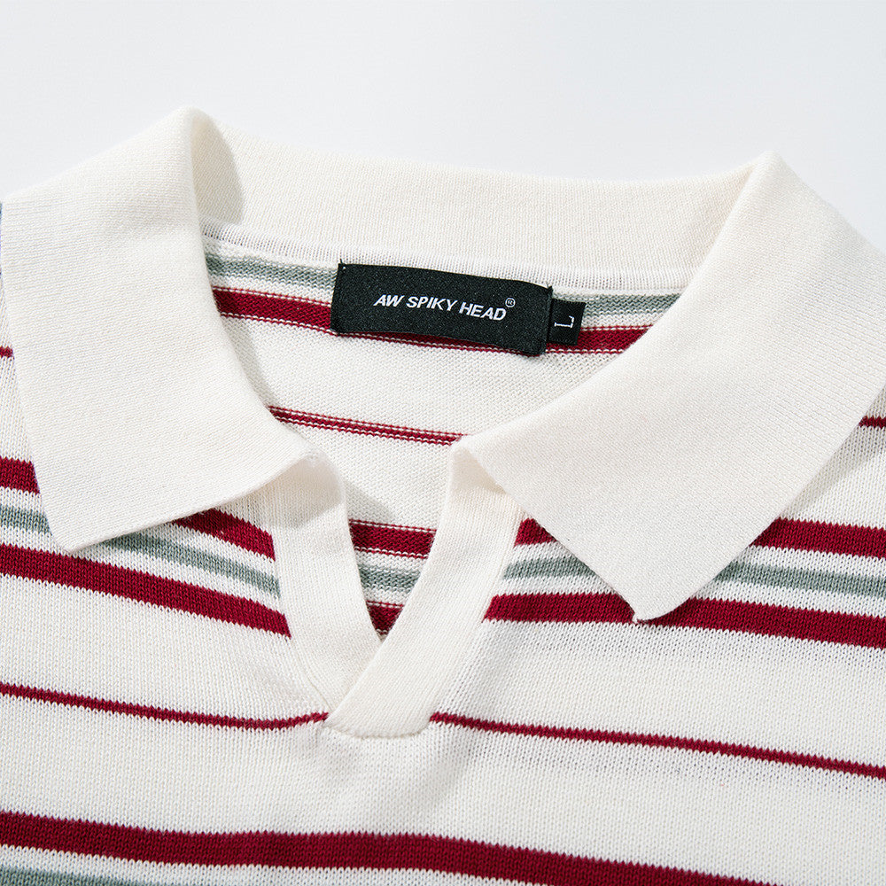 Striped short sleeved V-neck polo shirt