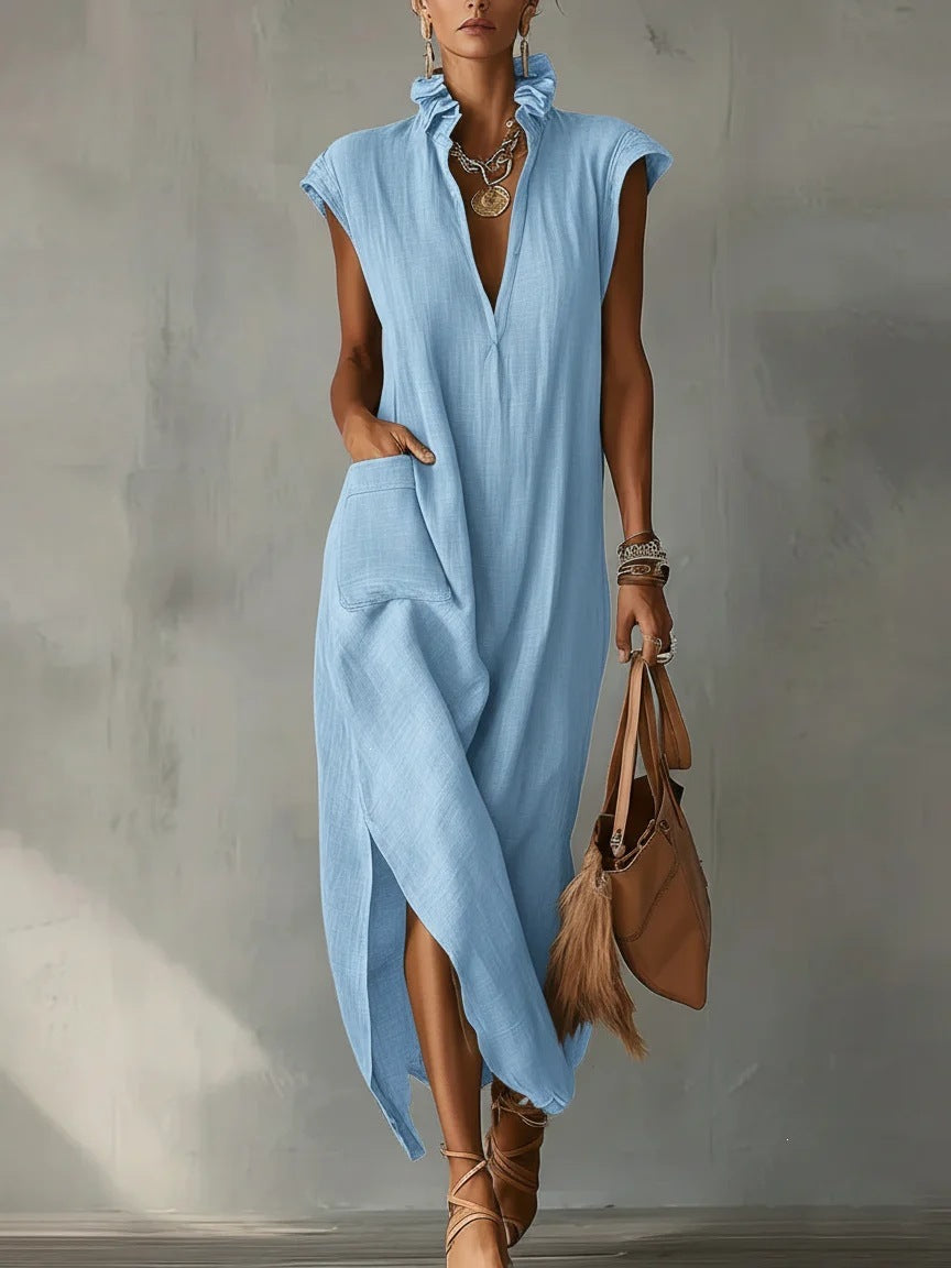 Sleeveless solid color loose V-neck casual women's dress