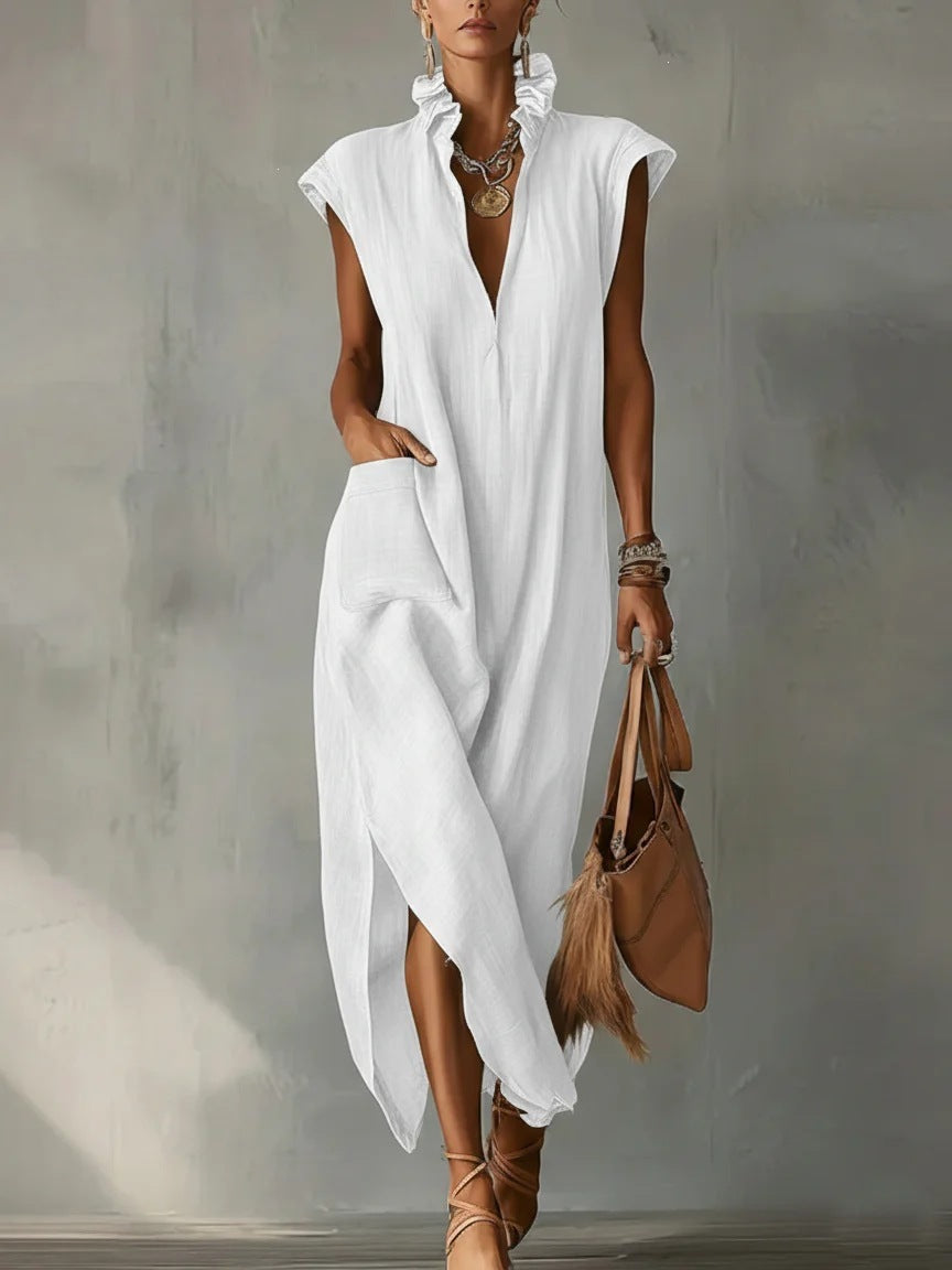 Sleeveless solid color loose V-neck casual women's dress