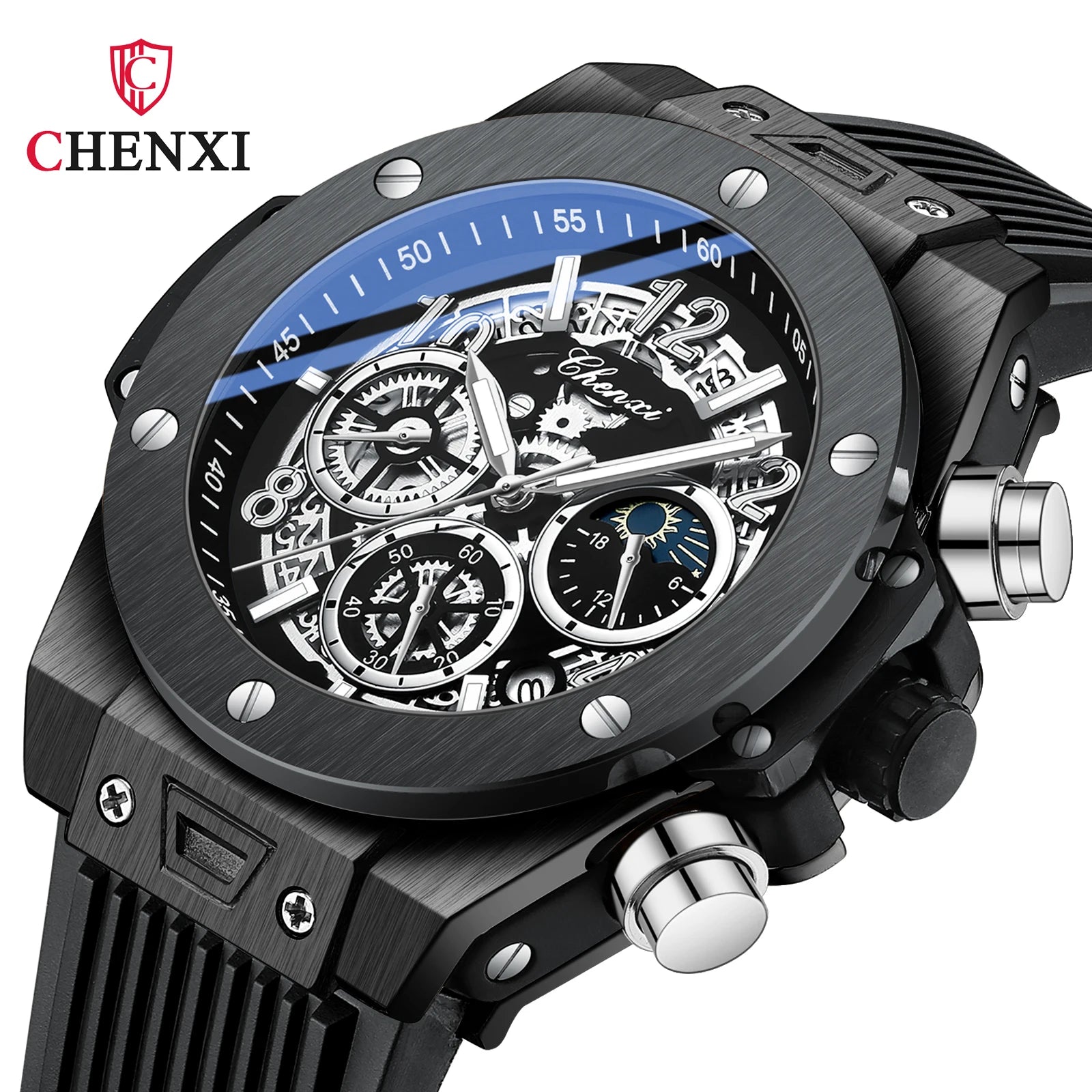 CHENXI Fashion Silicone Sports Military Watch Men Multifunctional Waterproof Luminous Quartz Starry Lunar Phases Watches for Men