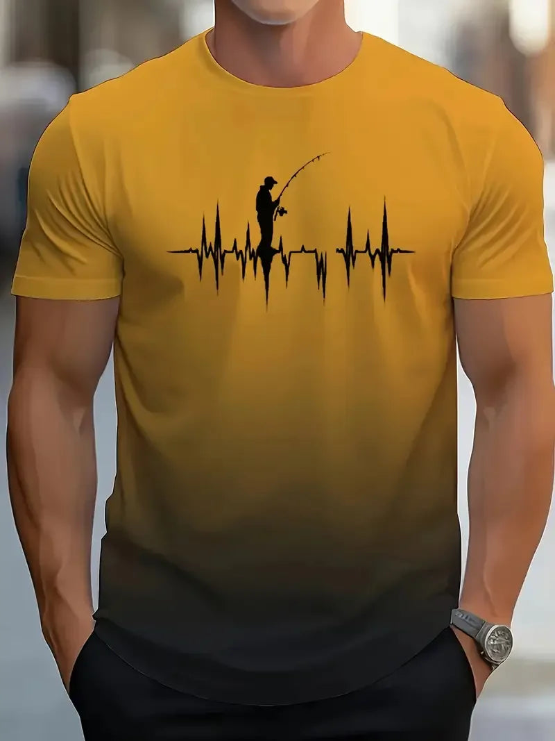 New Men's Casual Gradient Fishing Pattern 3D Print Short Sleeve T-shirt Summer Breathable Sports Outdoor Fishing Enthusiasts Top