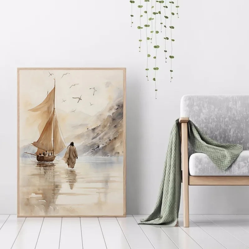 Jesus Walks on Water Christian Good Shepherd Art Poster Bible Watercolor Canvas Painting  Living Room Home Decor Cuadros
