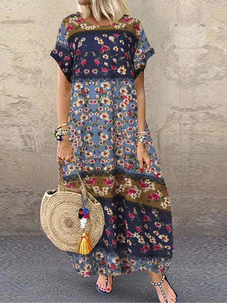 ZANZEA Summer Maxi Dress Women's Vintage Printed Sundress Casual Loose Short Sleeve Vestidos Vacation High Waist Robe Femme 2024