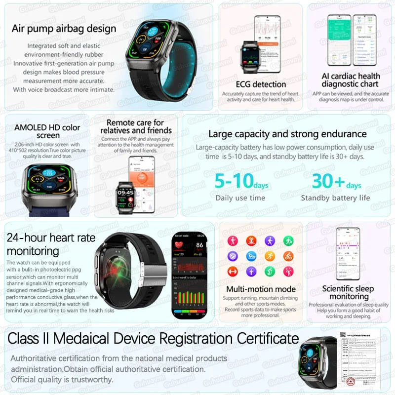 New Air Pump Airbag True Blood Pressure Health Measure Smart Watches Men Micro Physical Examination Fitness Sport SmartWatch NFC