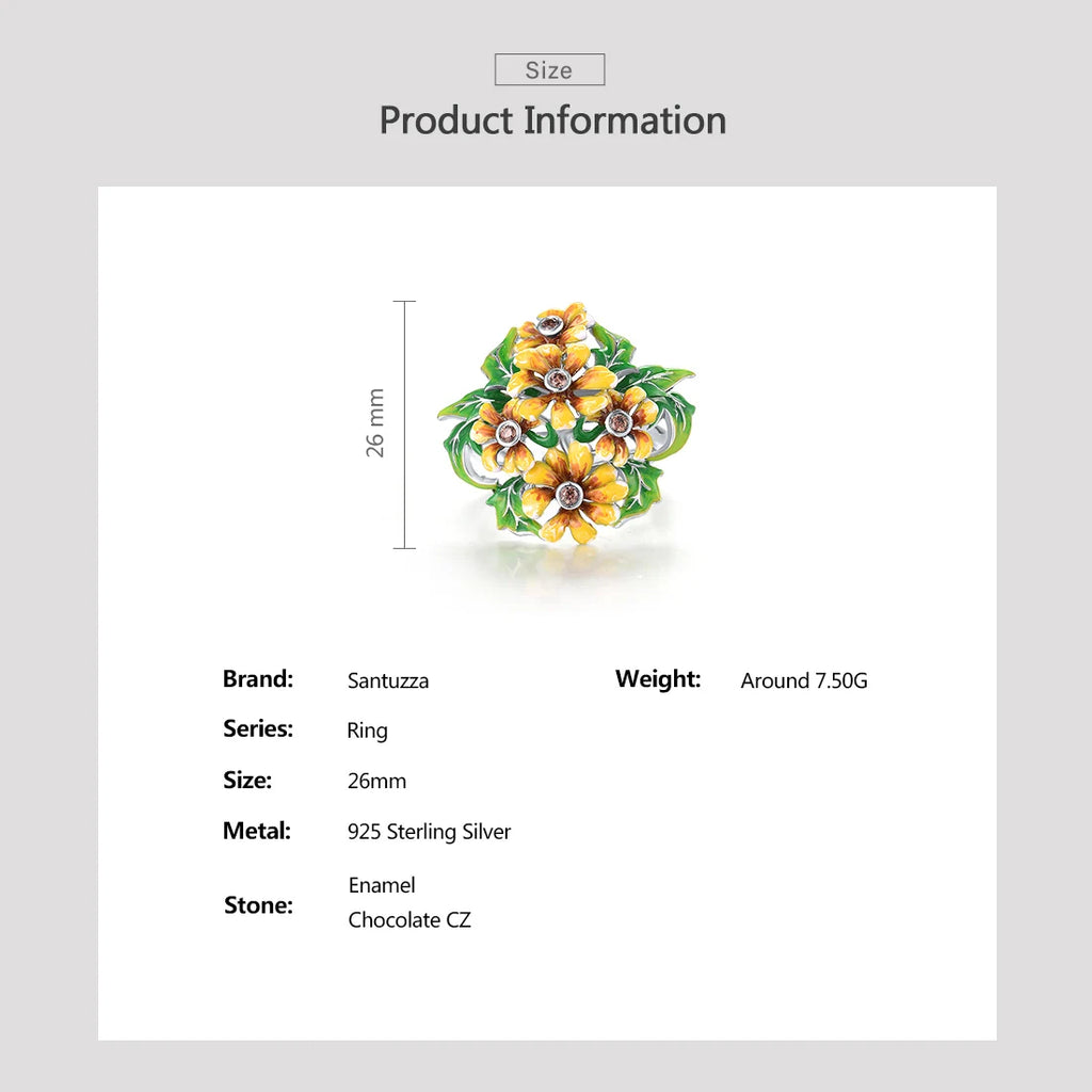 SANTUZZA Pure Silver Ring For Women 925 Sterling Silver Glamorous Enamel Yellow Flowers Green Leaf Delicate Party Fine Jewelry