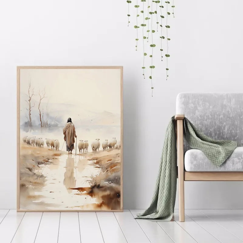 Jesus Walks on Water Christian Good Shepherd Art Poster Bible Watercolor Canvas Painting  Living Room Home Decor Cuadros