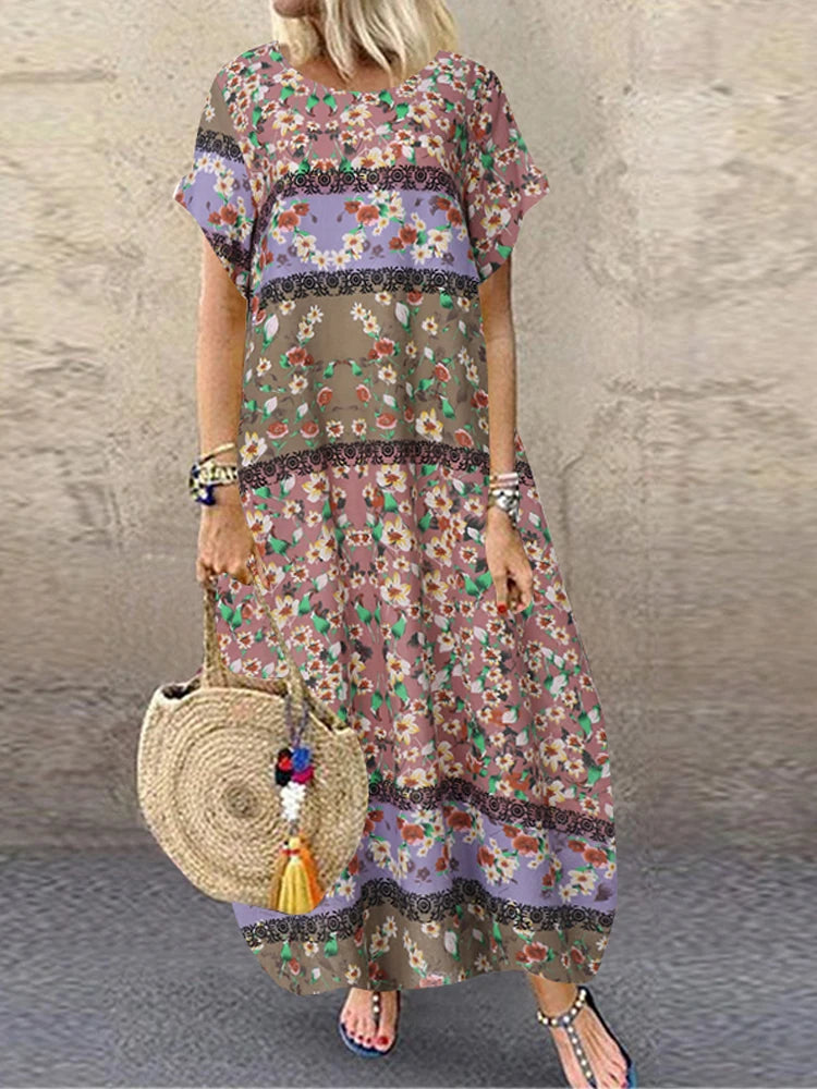 ZANZEA Summer Maxi Dress Women's Vintage Printed Sundress Casual Loose Short Sleeve Vestidos Vacation High Waist Robe Femme 2024