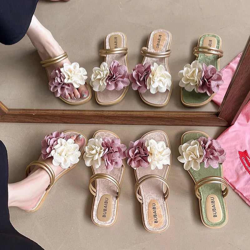 Summer New Double Flower Trendy Fashionable, Comfortable One Word Slippers For Outerwear Lightweight Flat Bottom Cool Slippers