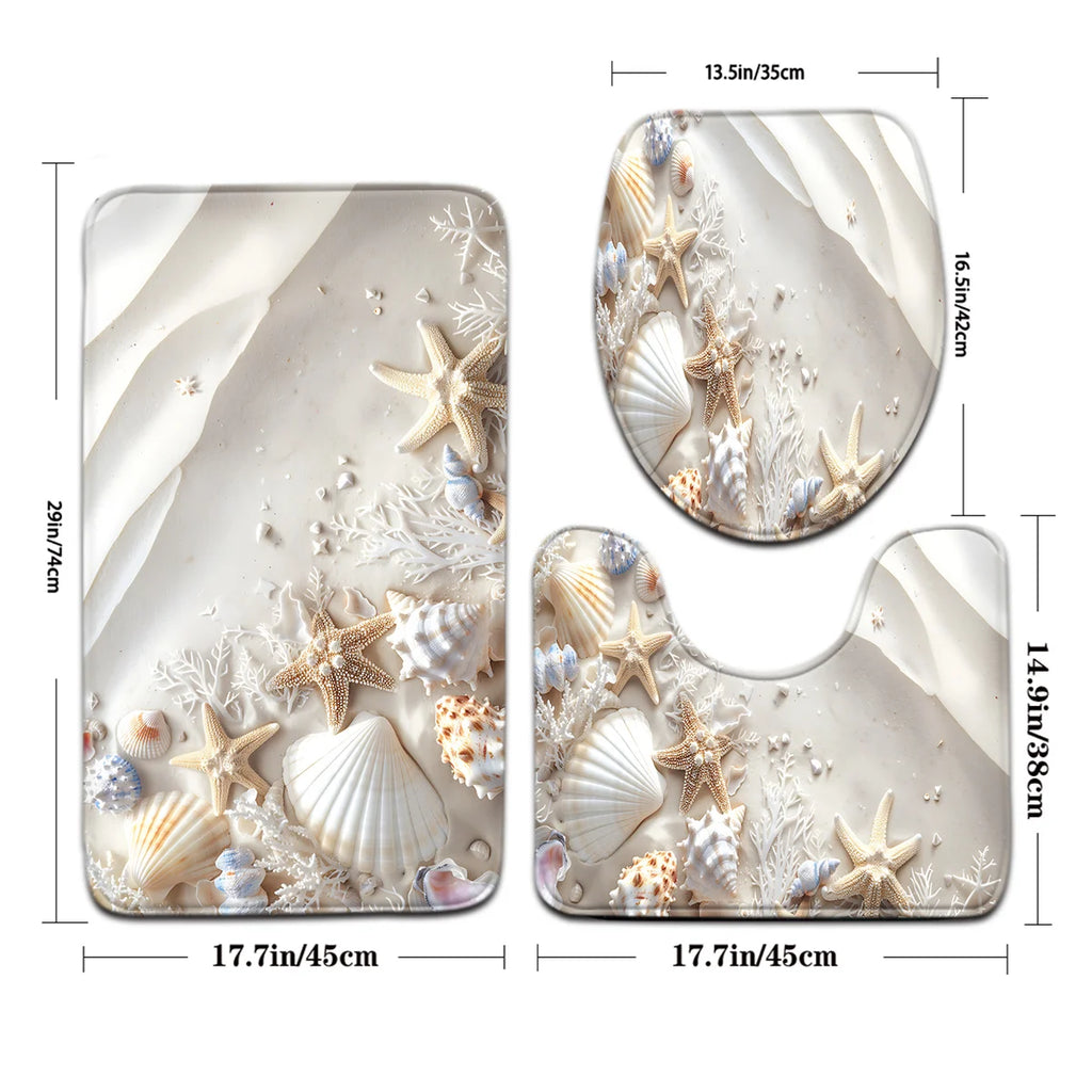Sea Star and Shell Bathroom Set - Soft Non Slip Contour Mat, Toilet Lid, and Bath Mat, Suitable for Beach Style Home Decor