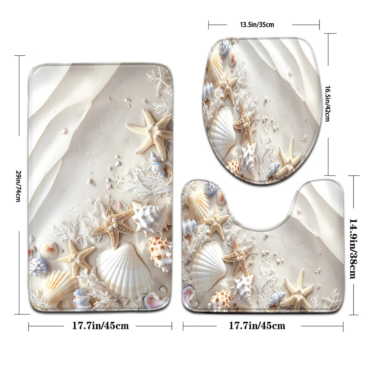 Sea Star and Shell Bathroom Set - Soft Non Slip Contour Mat, Toilet Lid, and Bath Mat, Suitable for Beach Style Home Decor