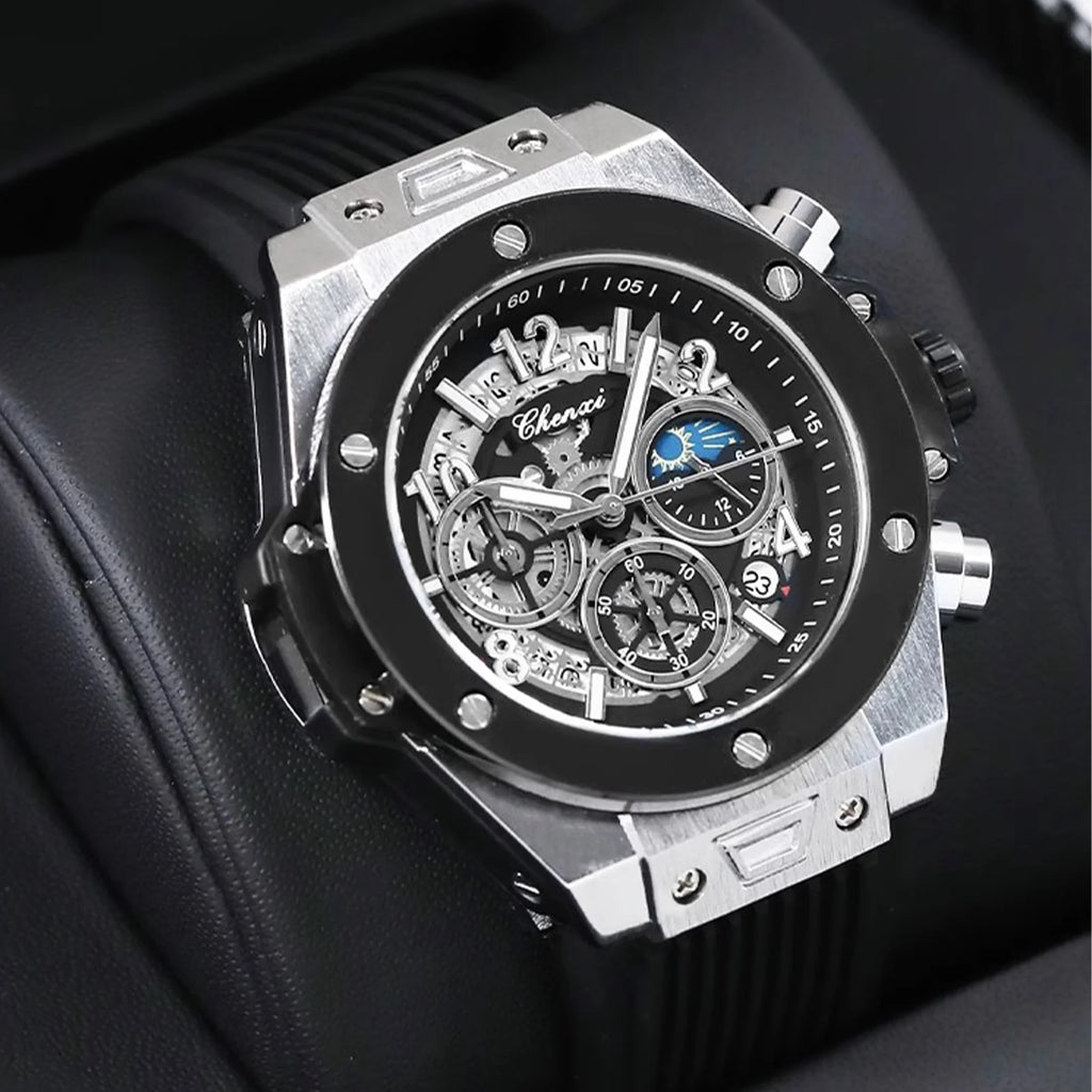 CHENXI Fashion Silicone Sports Military Watch Men Multifunctional Waterproof Luminous Quartz Starry Lunar Phases Watches for Men