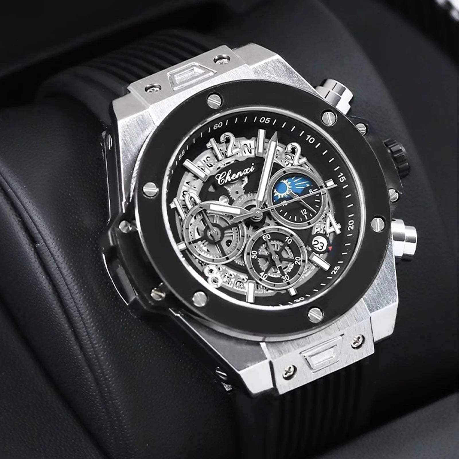CHENXI Fashion Silicone Sports Military Watch Men Multifunctional Waterproof Luminous Quartz Starry Lunar Phases Watches for Men