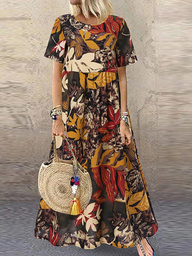 ZANZEA Summer Maxi Dress Women's Vintage Printed Sundress Casual Loose Short Sleeve Vestidos Vacation High Waist Robe Femme 2024