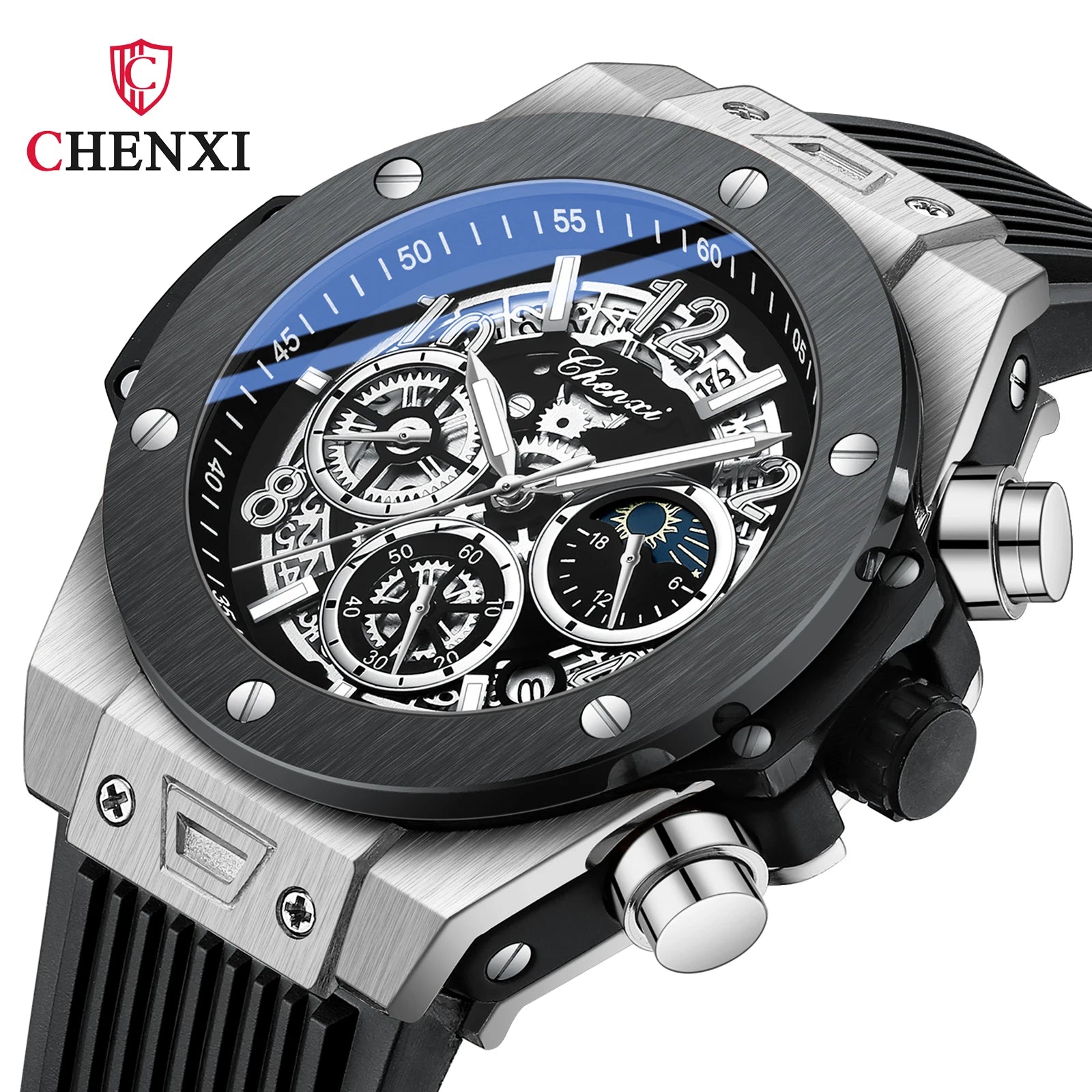 CHENXI Fashion Silicone Sports Military Watch Men Multifunctional Waterproof Luminous Quartz Starry Lunar Phases Watches for Men