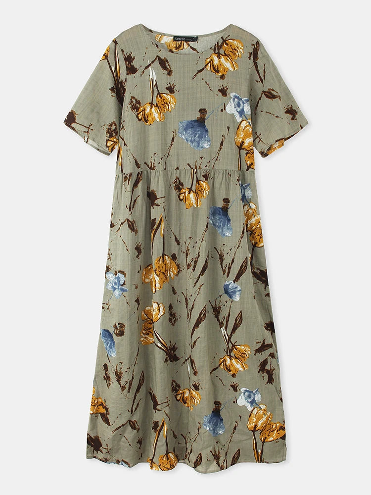 ZANZEA Summer Maxi Dress Women's Vintage Printed Sundress Casual Loose Short Sleeve Vestidos Vacation High Waist Robe Femme 2024