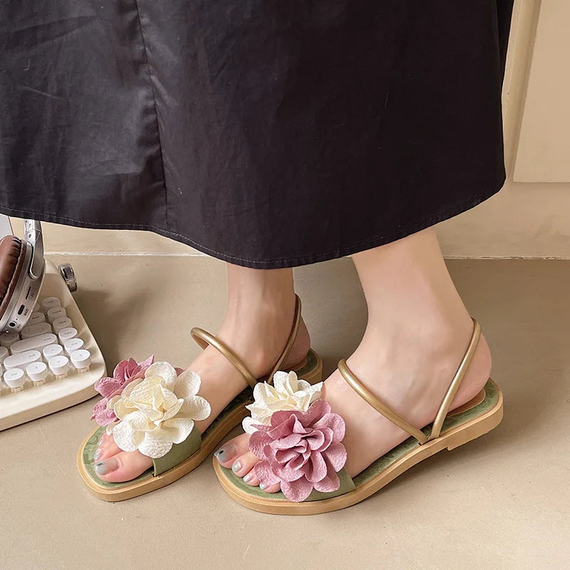 Summer New Double Flower Trendy Fashionable, Comfortable One Word Slippers For Outerwear Lightweight Flat Bottom Cool Slippers