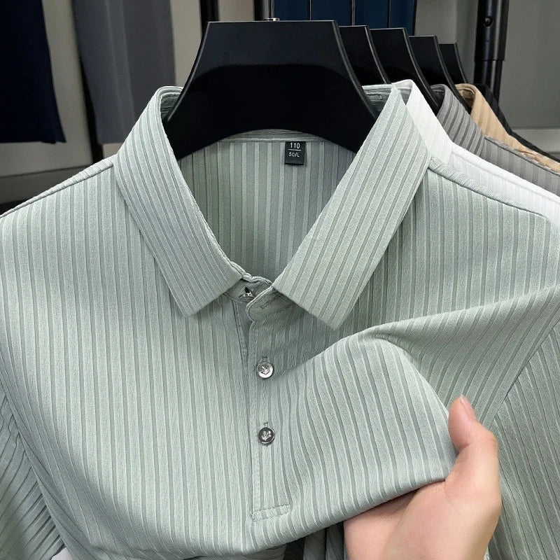 2025 New Men's Casual Fashion Striped Short Sleeved Collar Polo Shirt Breathable and Comfortable Summer Versatile T-shirt