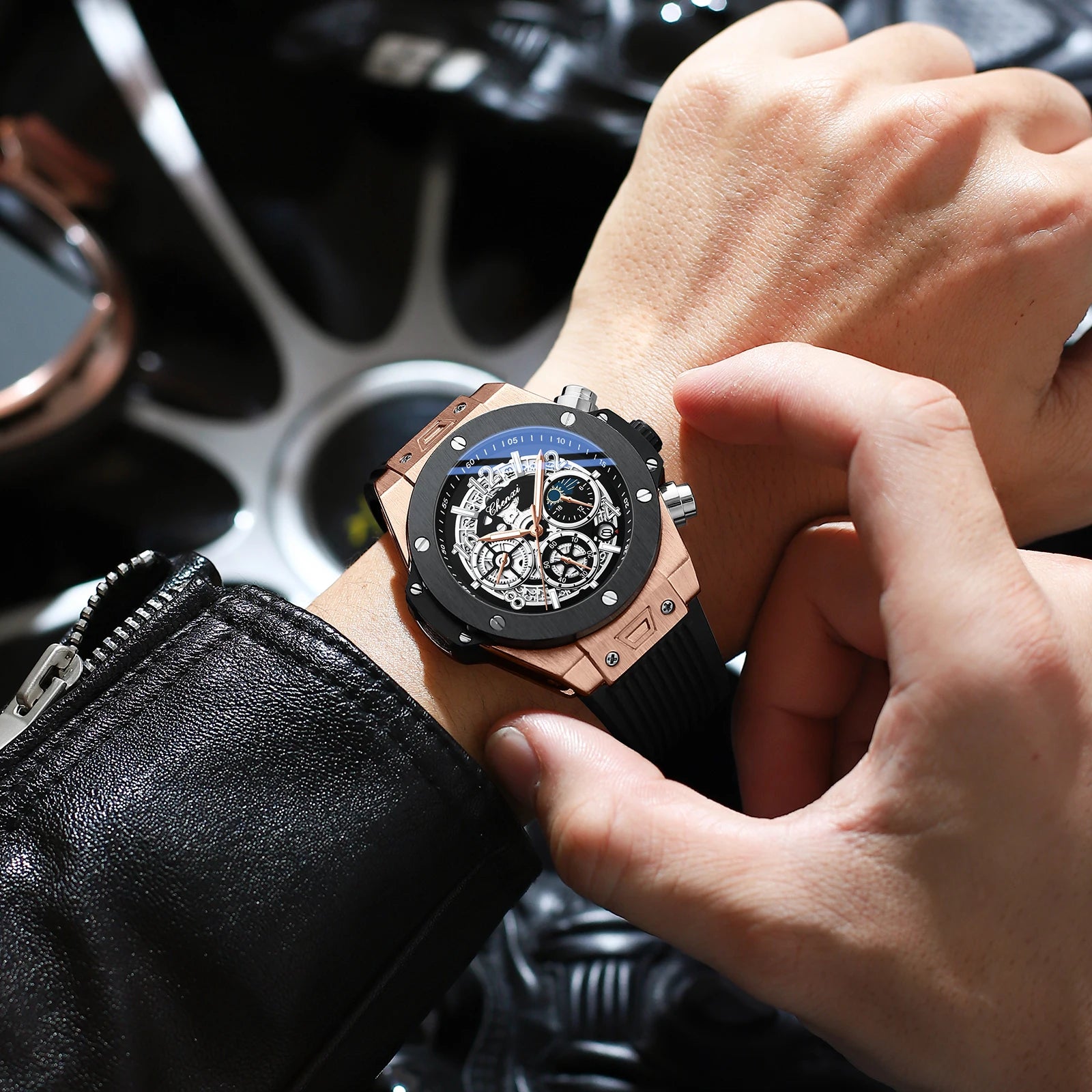 CHENXI Fashion Silicone Sports Military Watch Men Multifunctional Waterproof Luminous Quartz Starry Lunar Phases Watches for Men