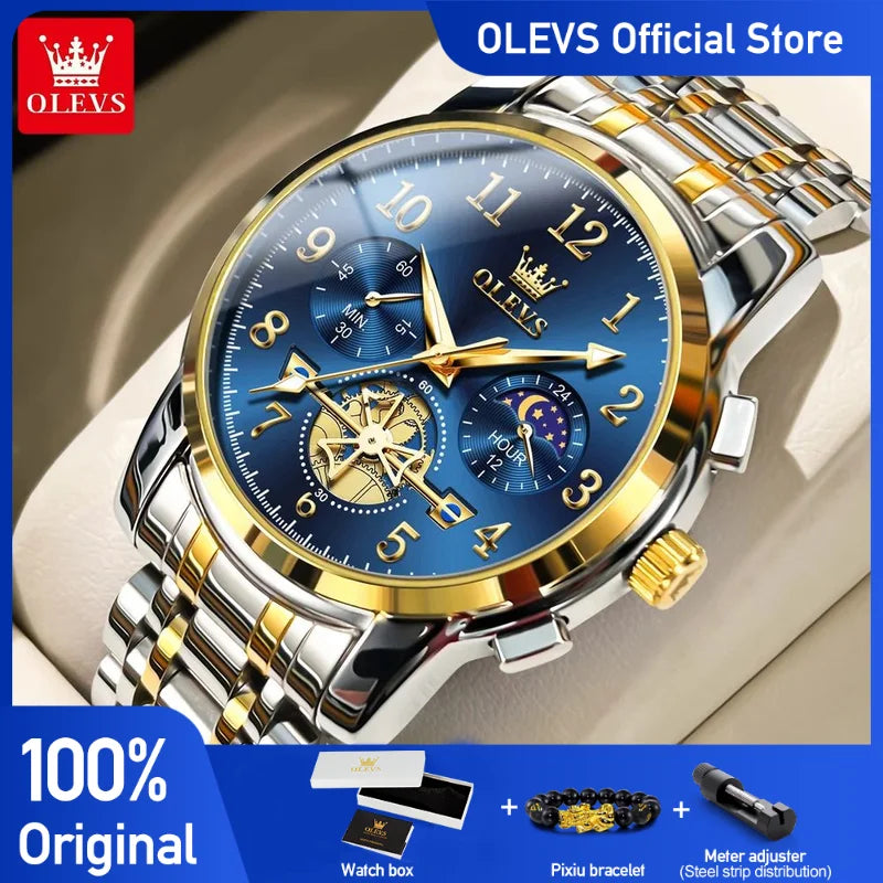 OLEVS brand2900 Men's Watches Stainless Steel Calendar Moon phase Watch Chronograph Big Dial Men's Wristwatches Original