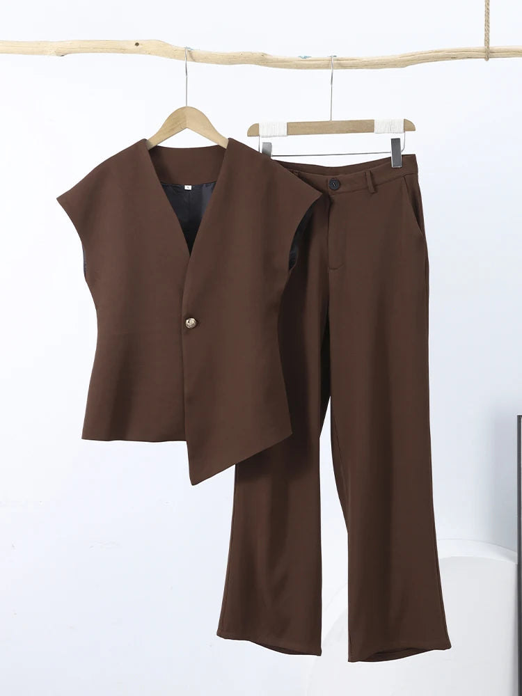 Casual Women's Trouser Suit Single Button Blazer High Waist Wide Leg Pants Lady Suits 2025 Spring Summer 2 Pieces Set Women