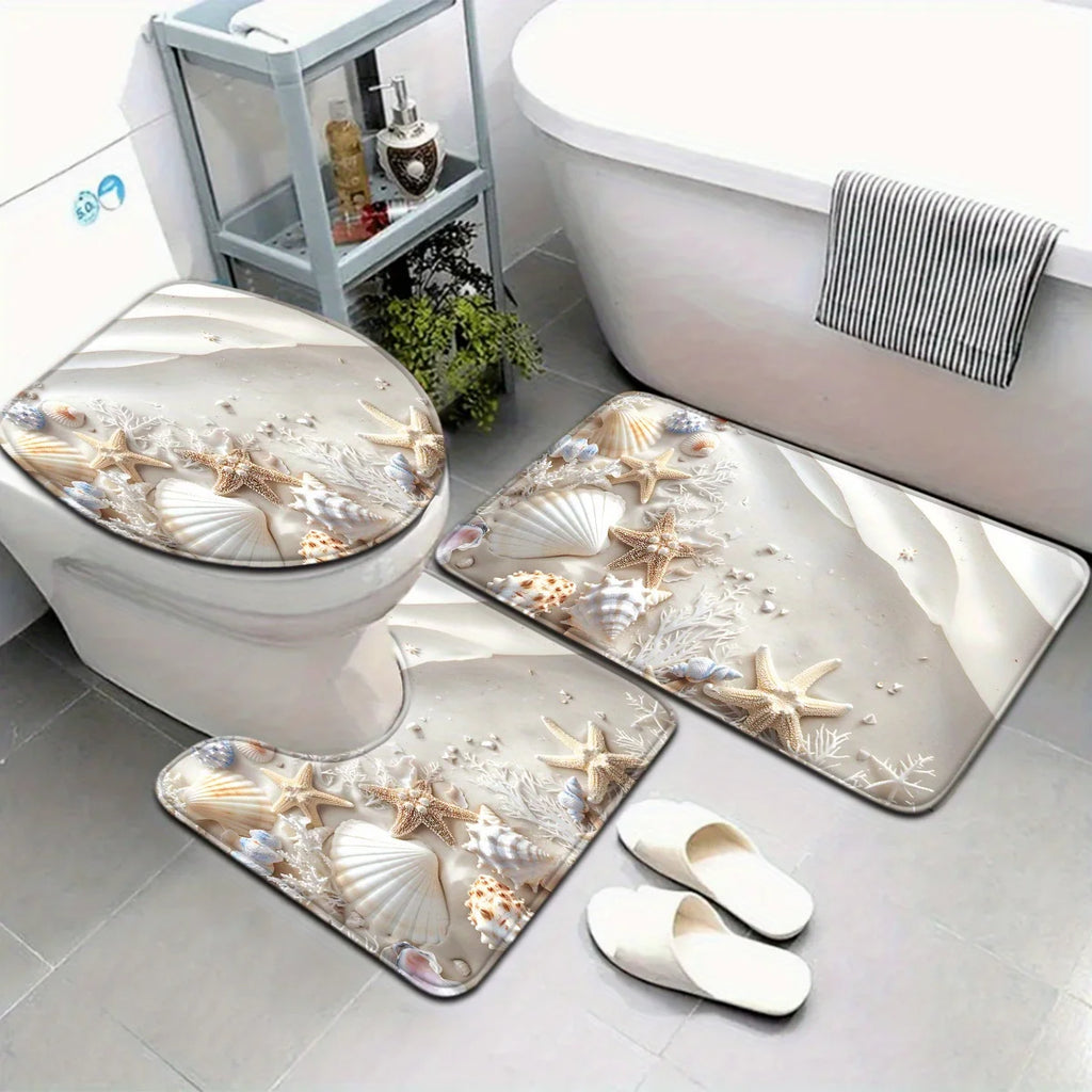Sea Star and Shell Bathroom Set - Soft Non Slip Contour Mat, Toilet Lid, and Bath Mat, Suitable for Beach Style Home Decor