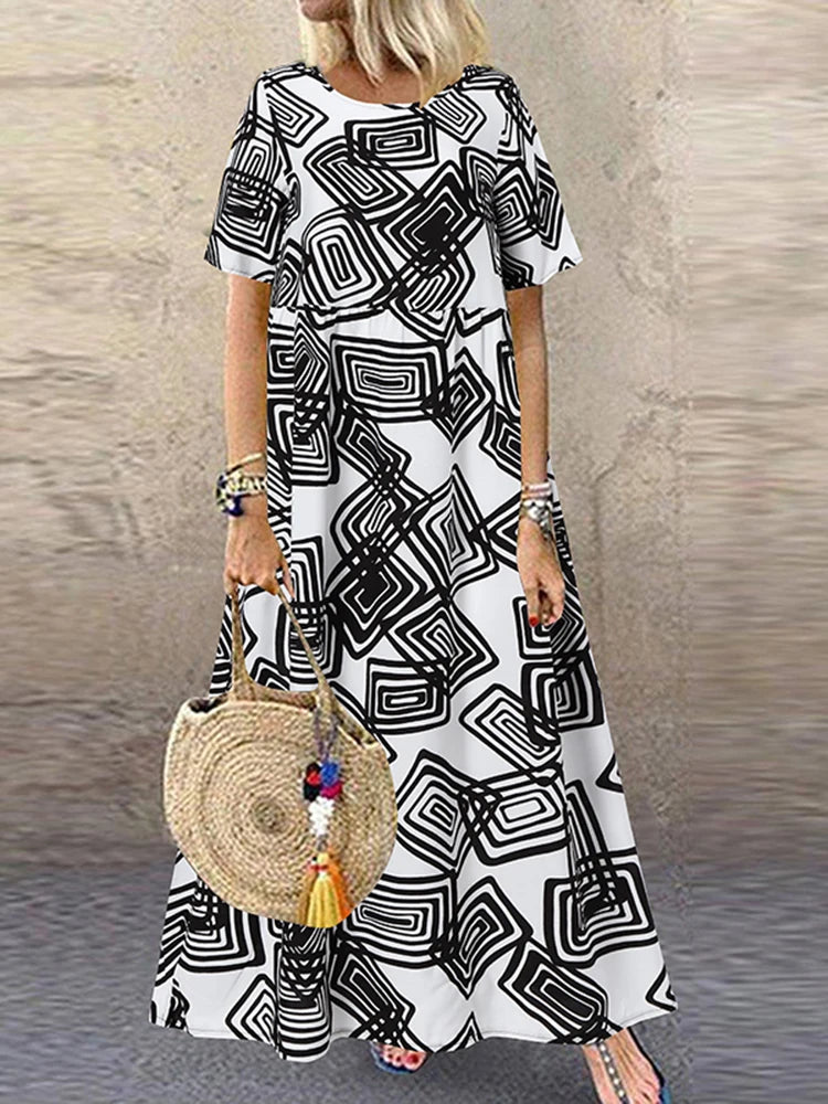 ZANZEA Summer Maxi Dress Women's Vintage Printed Sundress Casual Loose Short Sleeve Vestidos Vacation High Waist Robe Femme 2024