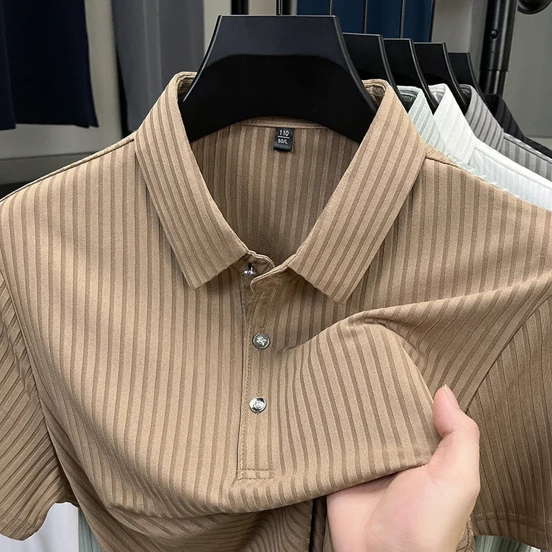 2025 New Men's Casual Fashion Striped Short Sleeved Collar Polo Shirt Breathable and Comfortable Summer Versatile T-shirt