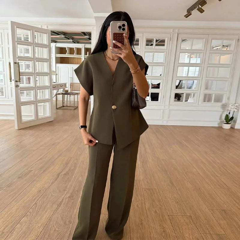 Casual Women's Trouser Suit Single Button Blazer High Waist Wide Leg Pants Lady Suits 2025 Spring Summer 2 Pieces Set Women