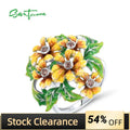 SANTUZZA Pure Silver Ring For Women 925 Sterling Silver Glamorous Enamel Yellow Flowers Green Leaf Delicate Party Fine Jewelry