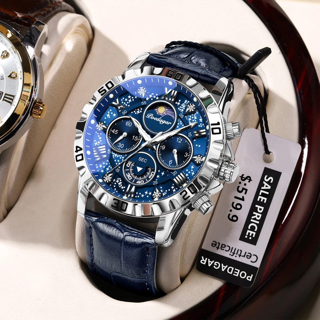 POEDAGAR Luxury Fashion Man Watch Waterproof Luminous Chronograph Leather Watches For Men Sports Outdoor Men's Quartz Wristwatch