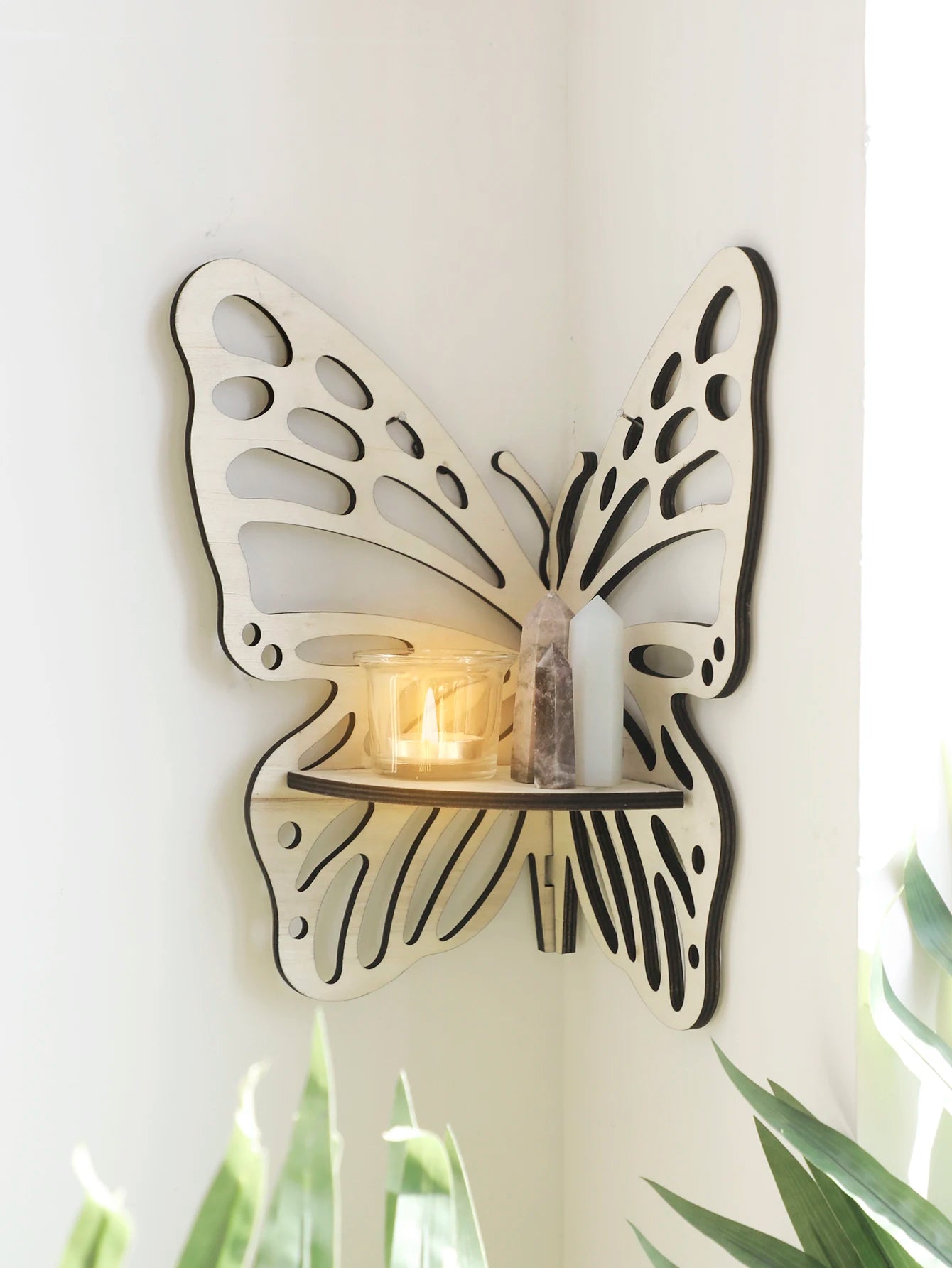 Butterfly Crystal Display Shelf Wooden Stand Corner Decoration Boho Hanging Wall Jewelry Holder Storage Organizer For Home Decor