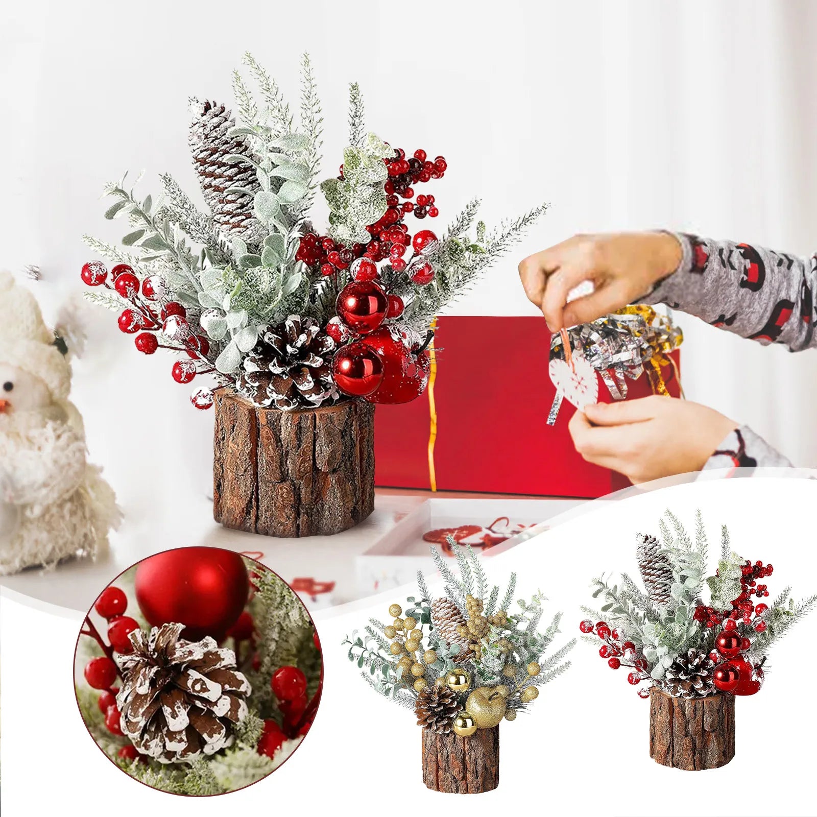 Christmas Tree Mini Desktop Pine Cone Red Berry Christmas Decoration Tabletop Tree Festive Holiday Home Decor