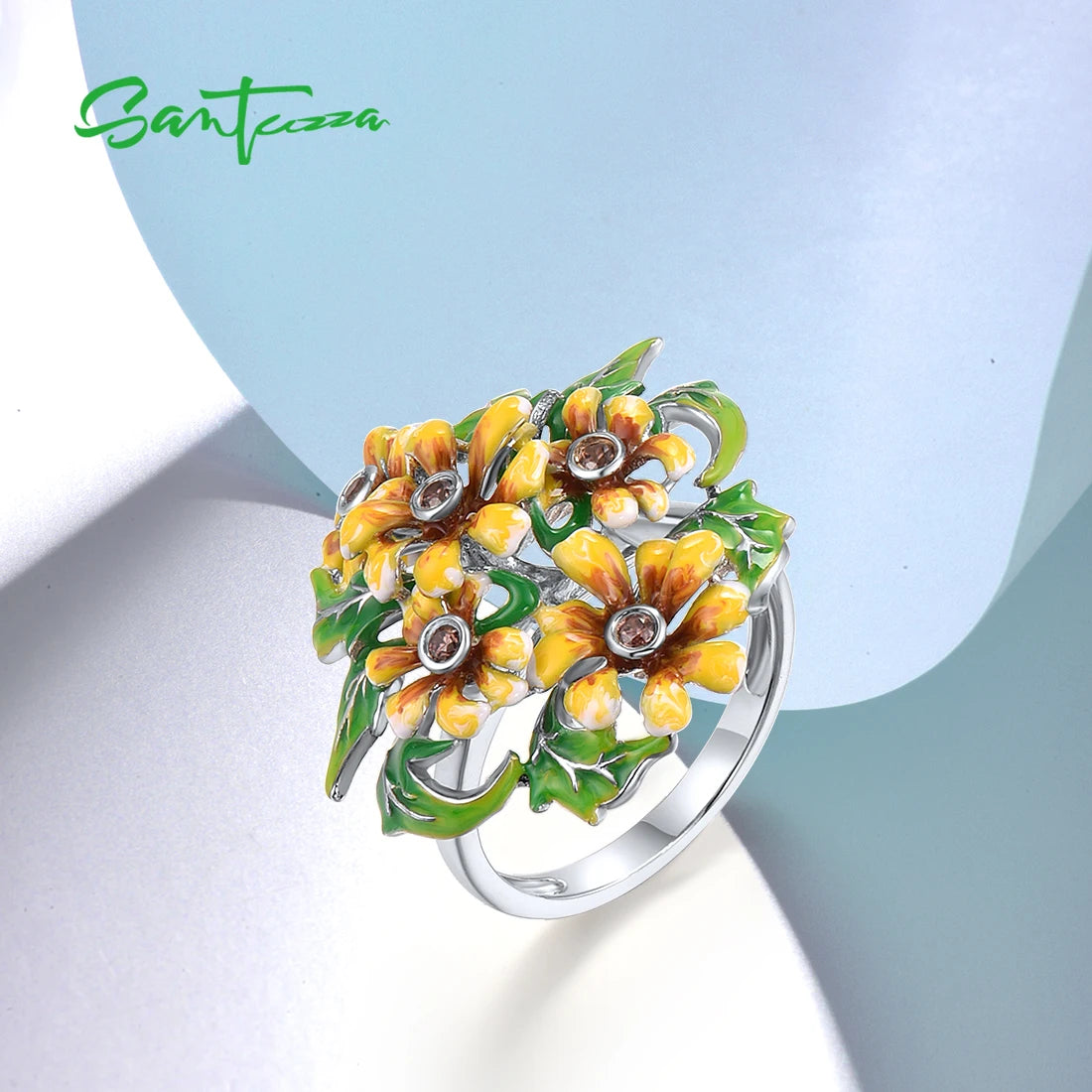 SANTUZZA Pure Silver Ring For Women 925 Sterling Silver Glamorous Enamel Yellow Flowers Green Leaf Delicate Party Fine Jewelry