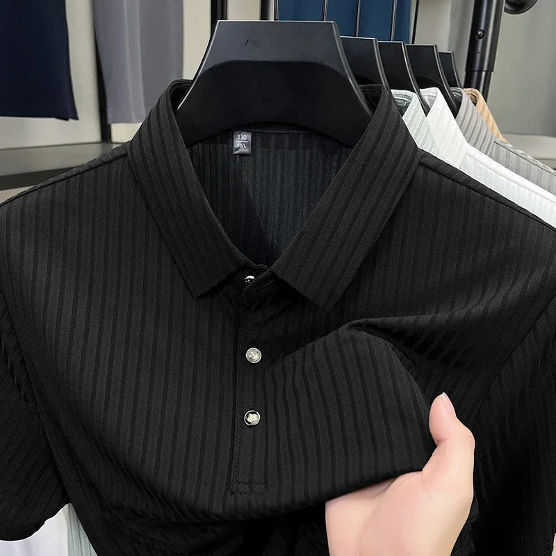 2025 New Men's Casual Fashion Striped Short Sleeved Collar Polo Shirt Breathable and Comfortable Summer Versatile T-shirt