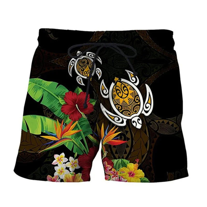 3D Printed Funny Sea Turtle Short Pants For Men Floral Leaf Plant Pattern Swim Trunks Casual Harajuku Street Hawaii Beach Shorts