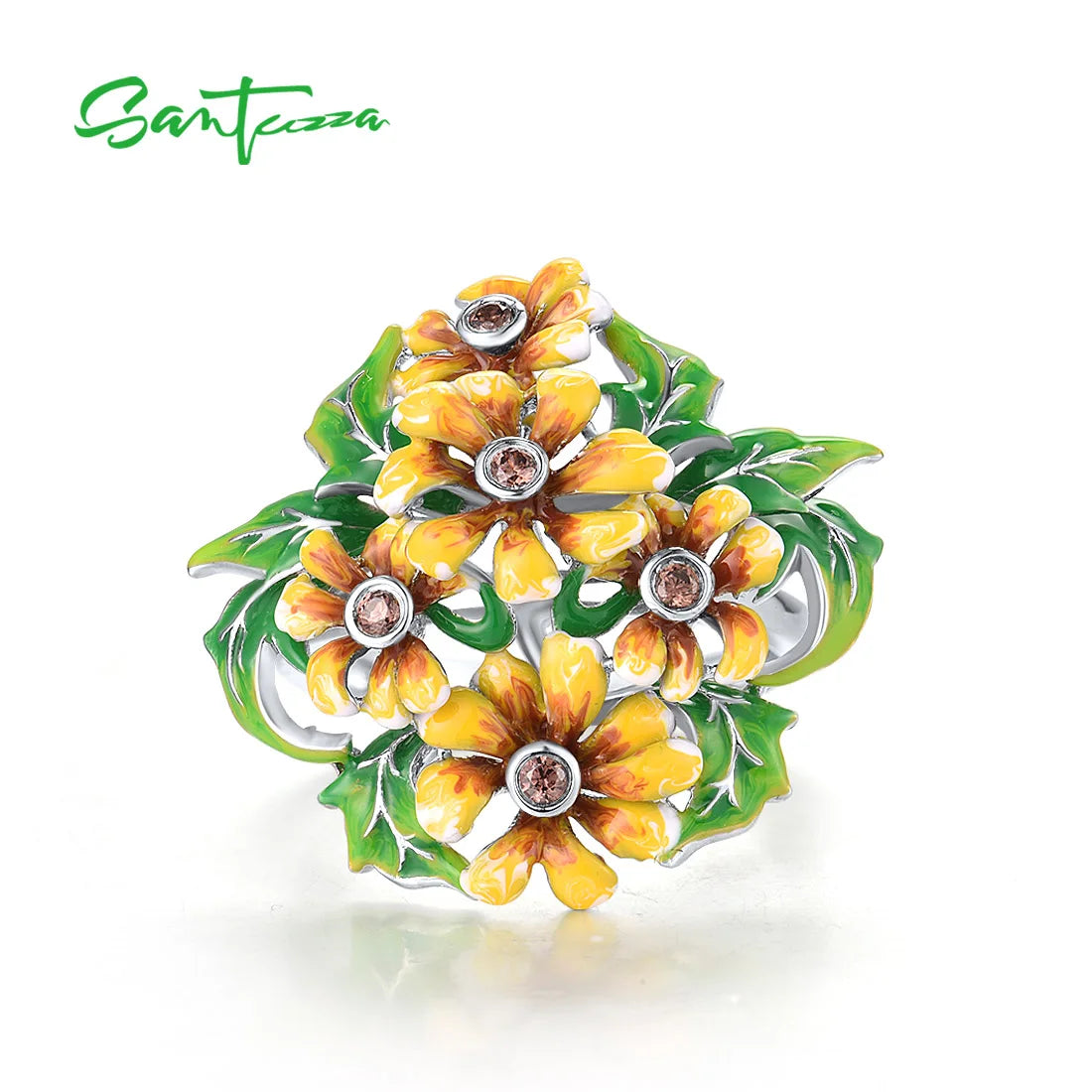 SANTUZZA Pure Silver Ring For Women 925 Sterling Silver Glamorous Enamel Yellow Flowers Green Leaf Delicate Party Fine Jewelry