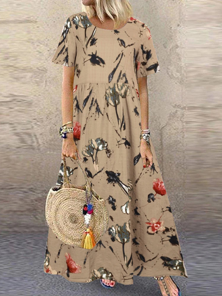 ZANZEA Summer Maxi Dress Women's Vintage Printed Sundress Casual Loose Short Sleeve Vestidos Vacation High Waist Robe Femme 2024
