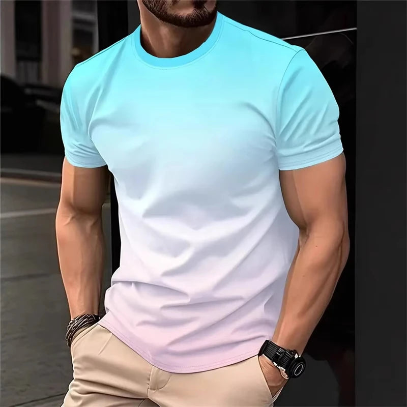 Fashion Simple Wide Stripes T Shirts For Men Summer Casual 3D Printed Contrasting Colors polyester T-shirts StreetwearTops Tees