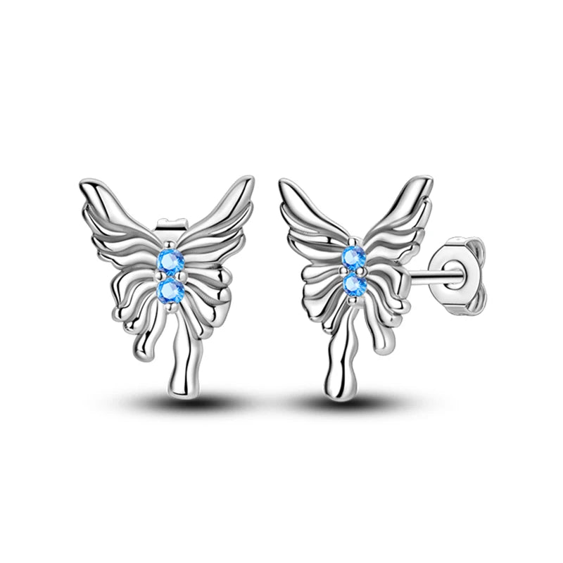 Fashion Spring Series Earrings For Women 925 Silver Color Butterfly Dragonfly Flower Heart Shaped Ear Studs Fine Jewelry Couple