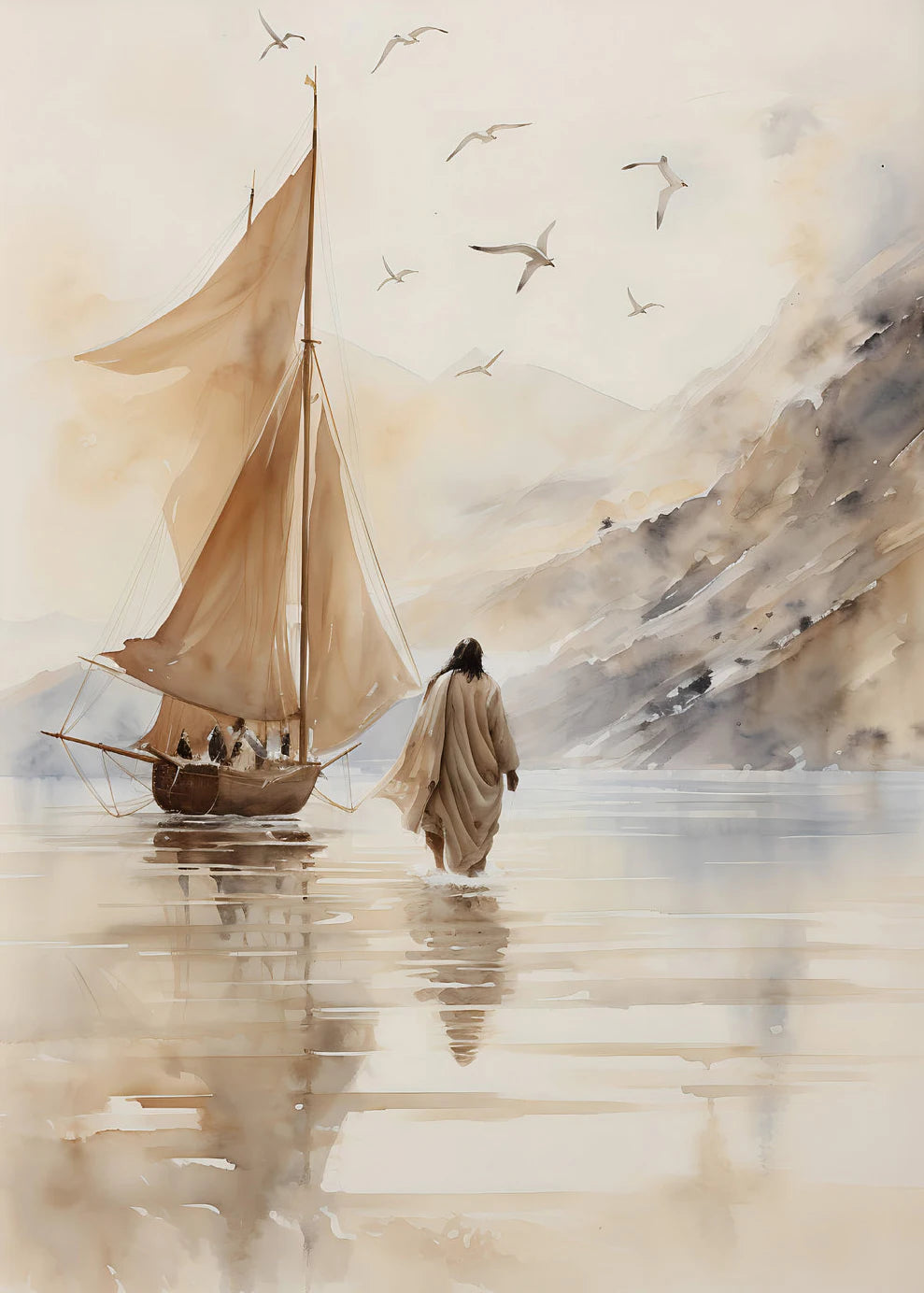Jesus Walks on Water Christian Good Shepherd Art Poster Bible Watercolor Canvas Painting  Living Room Home Decor Cuadros