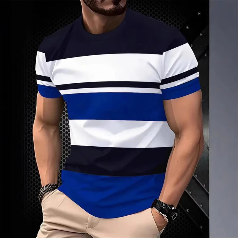 Fashion Simple Wide Stripes T Shirts For Men Summer Casual 3D Printed Contrasting Colors polyester T-shirts StreetwearTops Tees