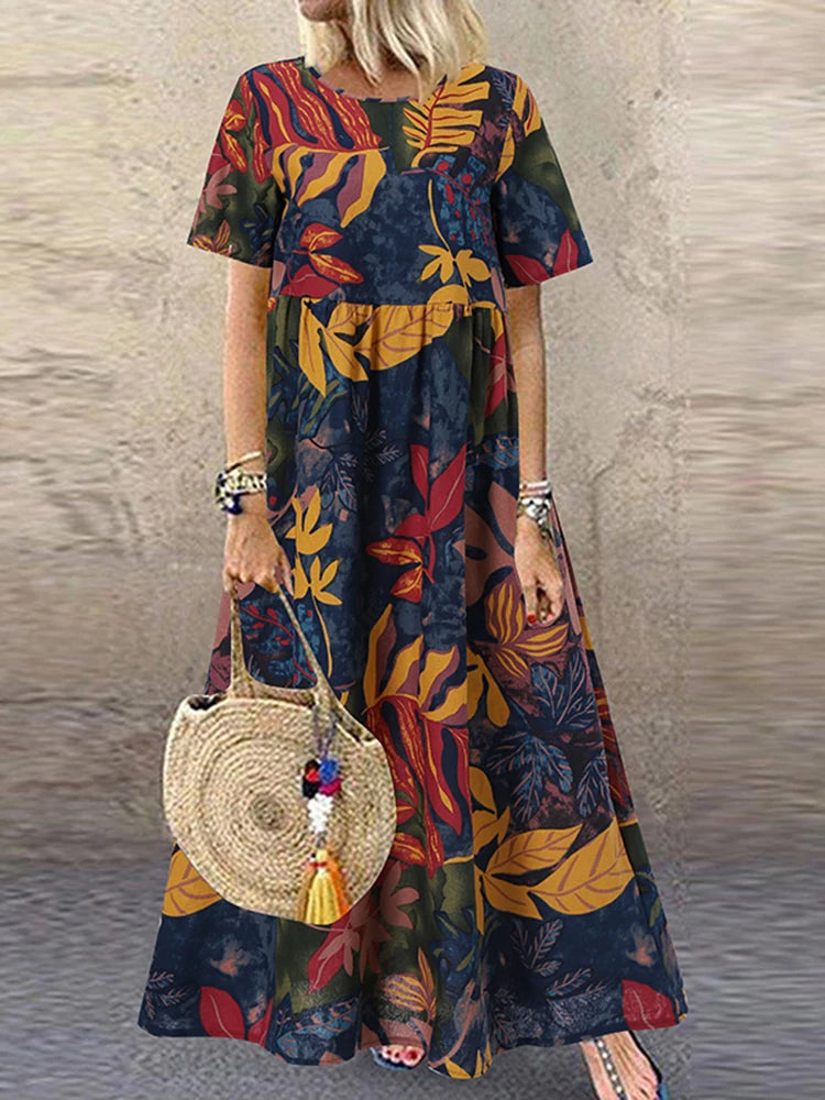 ZANZEA Summer Maxi Dress Women's Vintage Printed Sundress Casual Loose Short Sleeve Vestidos Vacation High Waist Robe Femme 2024