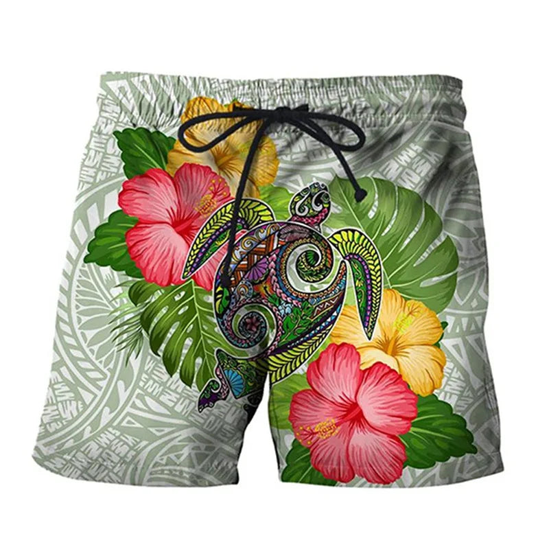 3D Printed Funny Sea Turtle Short Pants For Men Floral Leaf Plant Pattern Swim Trunks Casual Harajuku Street Hawaii Beach Shorts