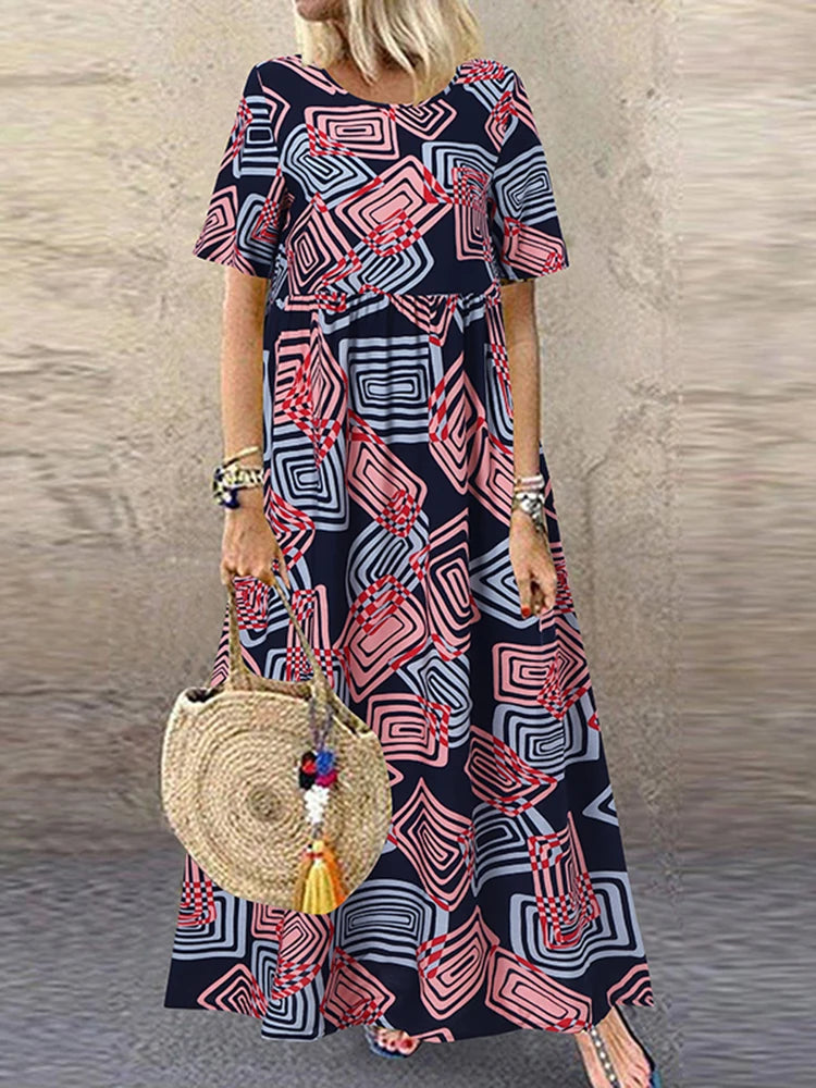 ZANZEA Summer Maxi Dress Women's Vintage Printed Sundress Casual Loose Short Sleeve Vestidos Vacation High Waist Robe Femme 2024