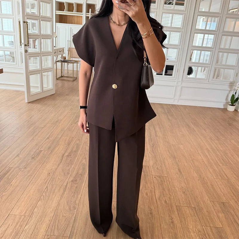Casual Women's Trouser Suit Single Button Blazer High Waist Wide Leg Pants Lady Suits 2025 Spring Summer 2 Pieces Set Women